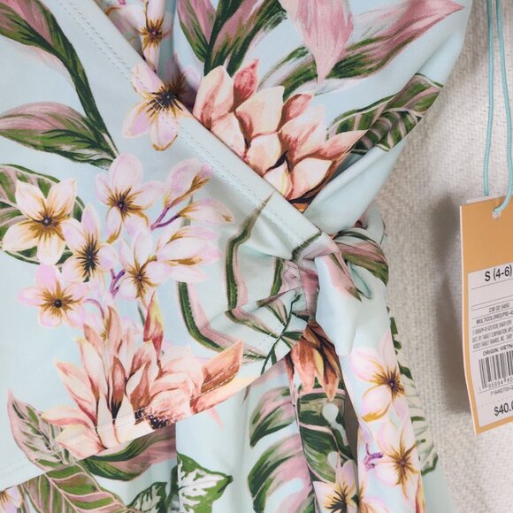 Kona Sol Sea Blue Pink Floral Lined High Coverage One Piece Bathing Suit SM 4-6 - Picture 5 of 16